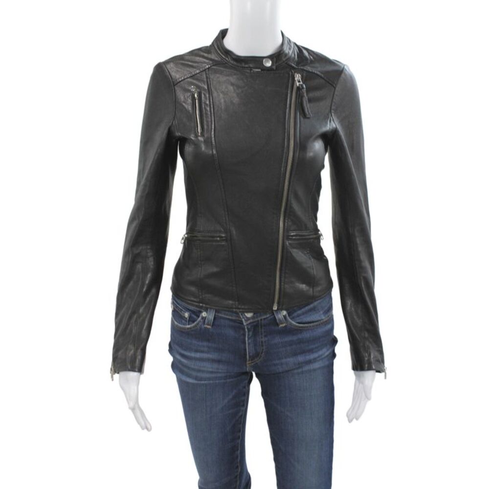 Mackage Womens Biker Genuine Lamb Leather Jacket Black Zip Size 2XS